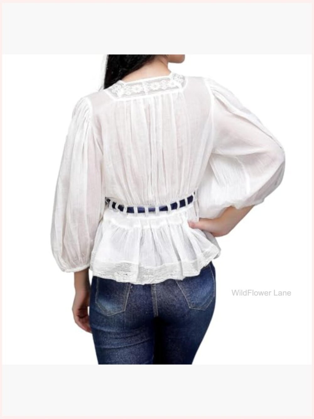 Sheer Lace Trim Puff Sleeve Blouse Tie Front Flowy Peplum Tunic - Picture 4 of 7